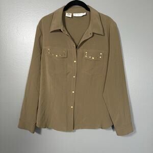 Kathy Che Women's Olive Green Military Style Studded Button Up Top - Size XL